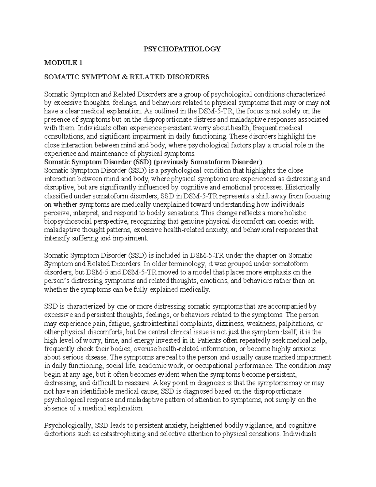 PSYCH 101: Module 1 - Somatic Symptom & Related Disorders Notes - Studocu