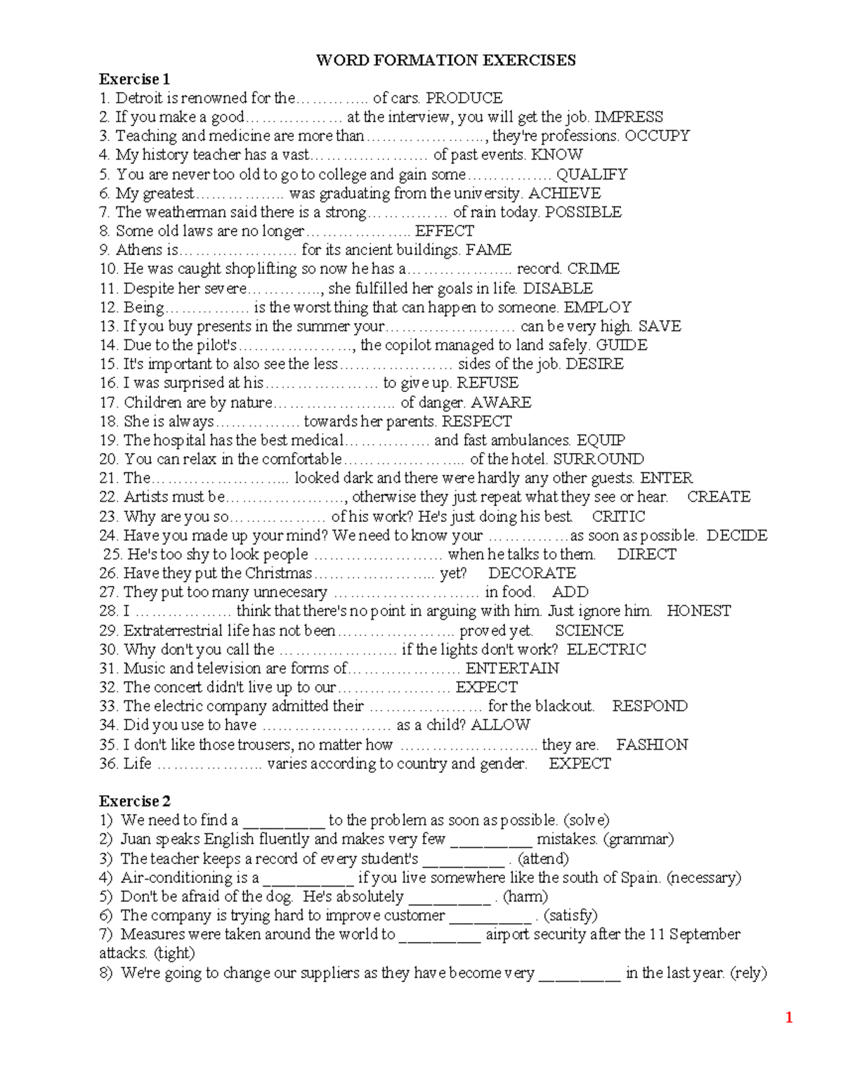 WORD FORMATION EXERCISES (With Key) - ENG 101 - Studocu
