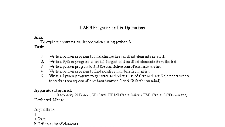 Python 3 List Operations: Programs & Algorithms for Tasks - Studocu