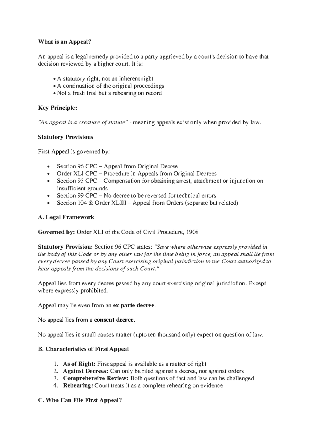 First Appeal Notes - CPC Section 96 & Order XLI Overview - Studocu
