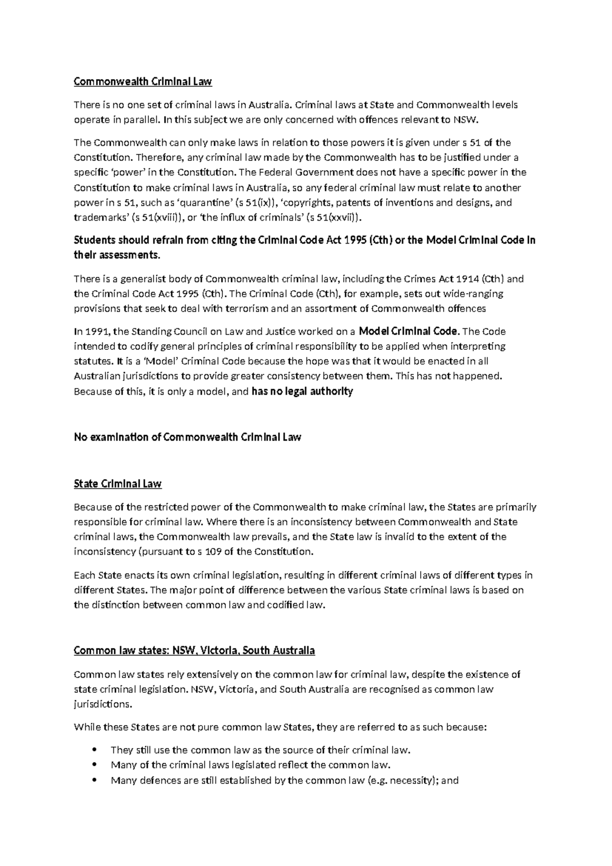 Week 2 Class 1 - Overview of Commonwealth and State Criminal Law - Studocu