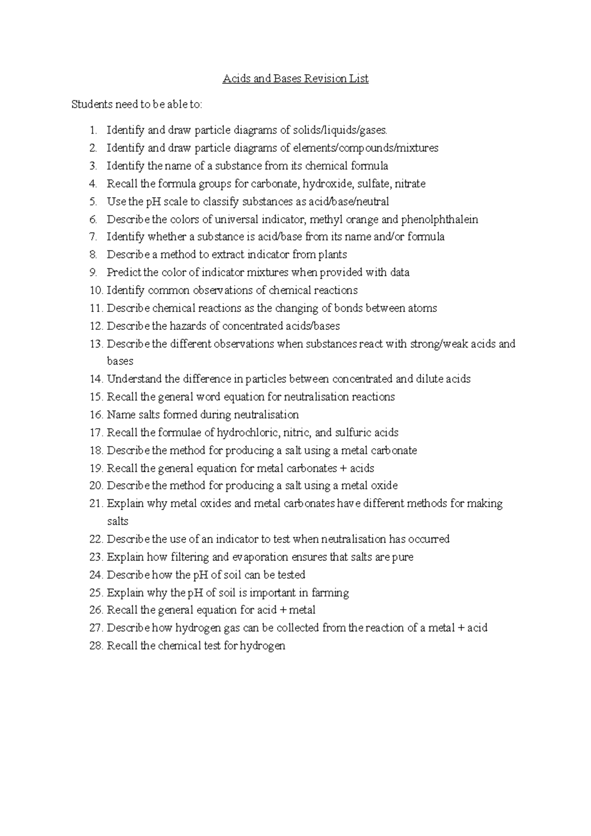 Acids and Bases Revision Checklist for Students - Studocu