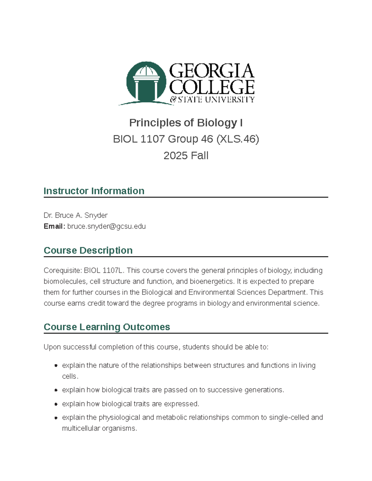 BIOL 1107 Principles of Biology I Syllabus - Fall 2025 - Studocu