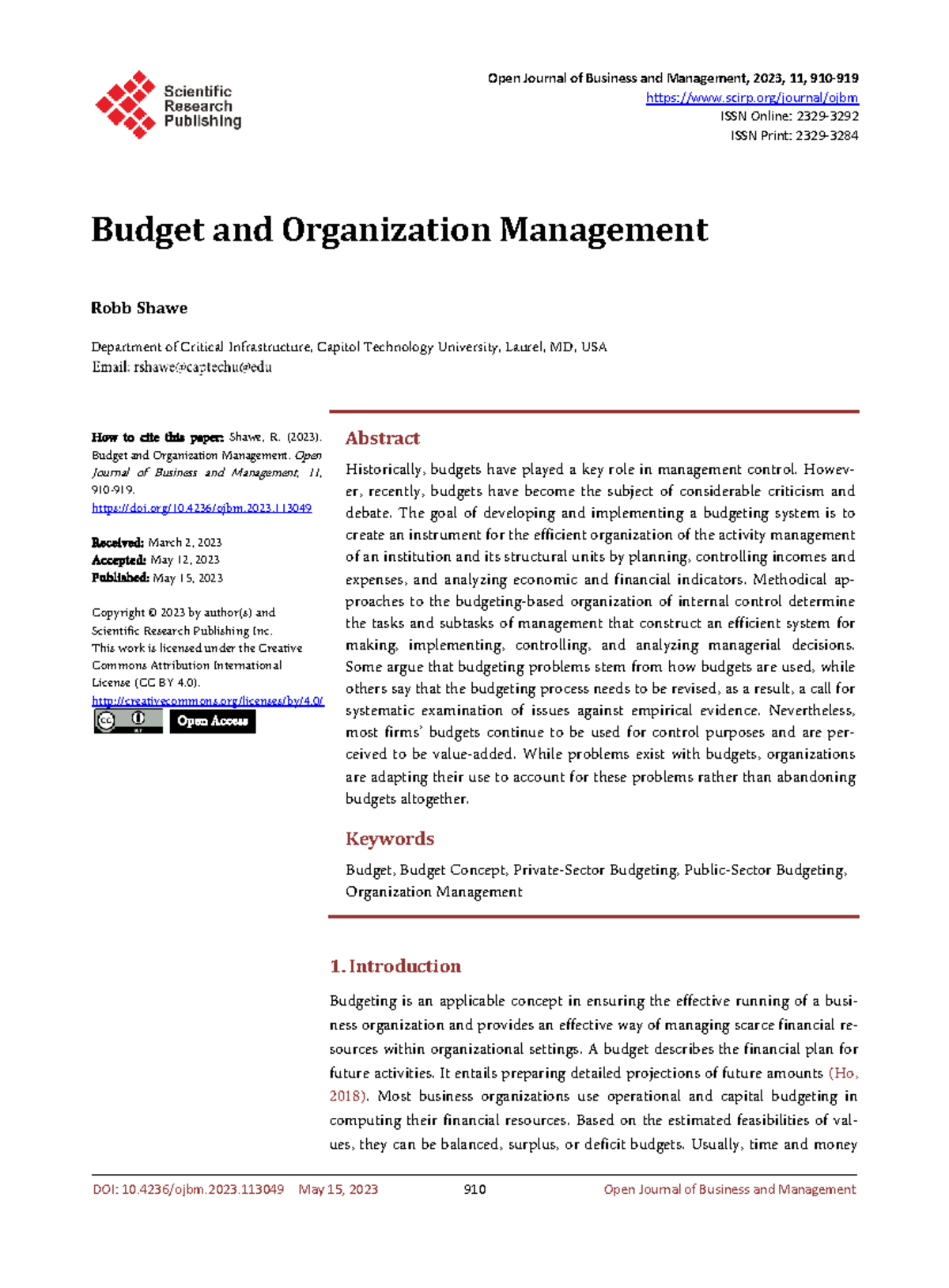 Budgeting Practices and Organizational Management Insights - OJBM 2023 ...