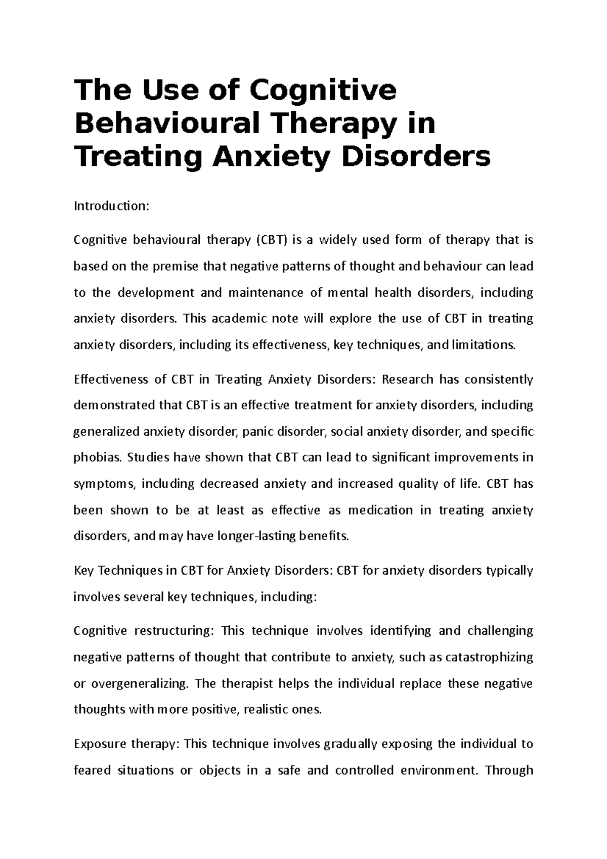 The Use of Cognitive Behavioral Therapy in Treating Anxiety Disorders ...