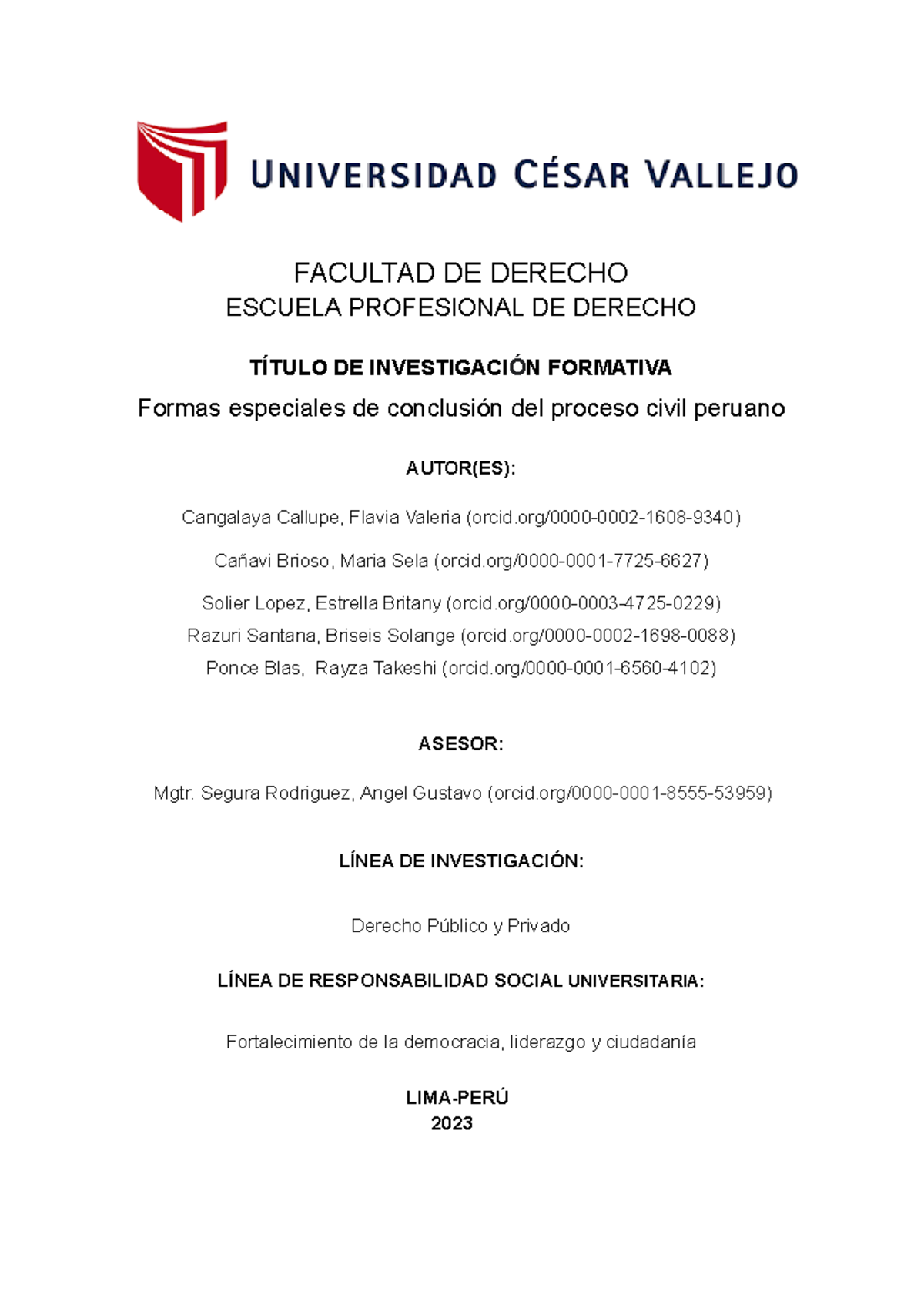Formas Especiales de Conclusión del Proceso Civil en Perú - 2023 - Studocu