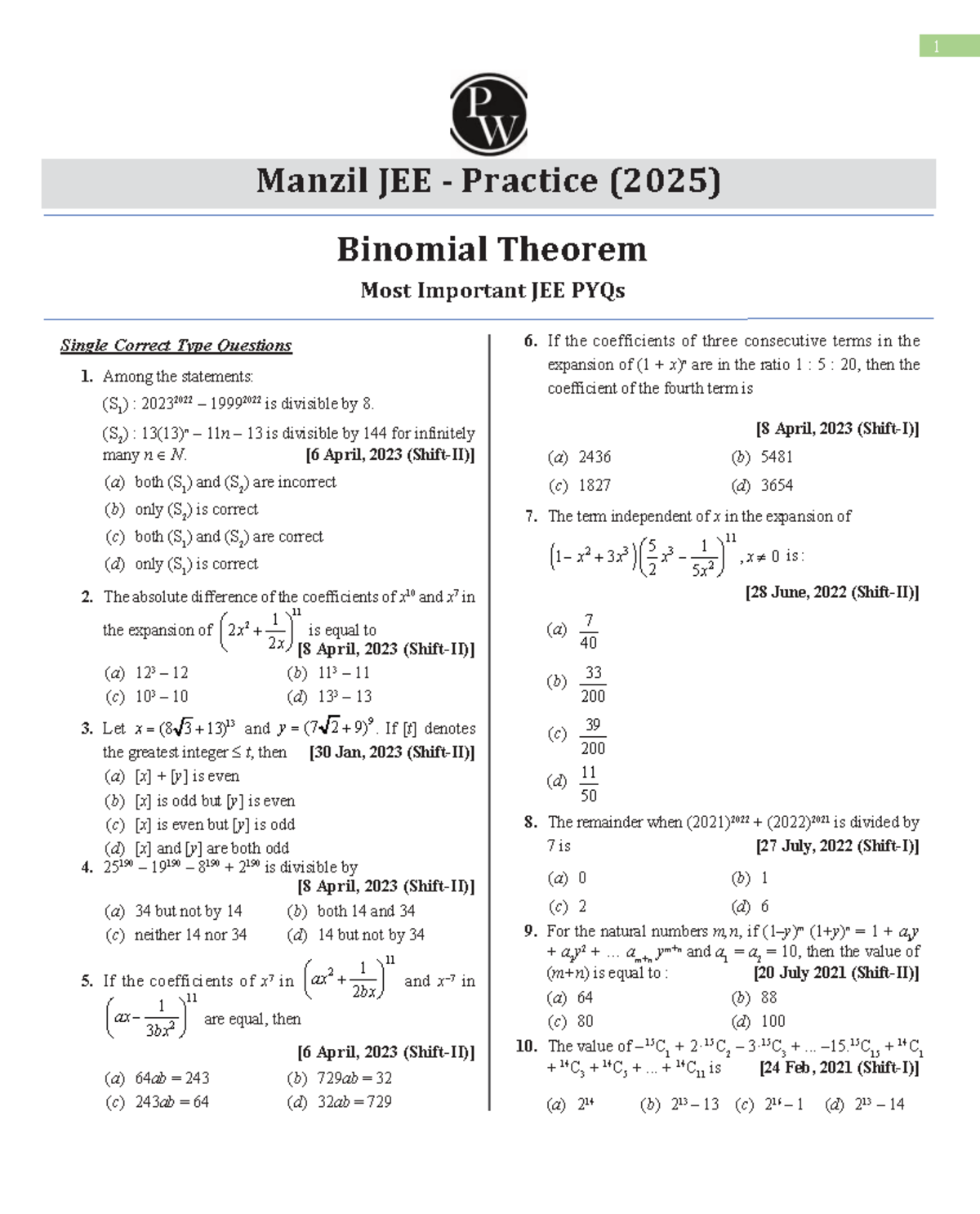 Binomial Theorem: Most Important PYQs for JEE 2025 - Studocu