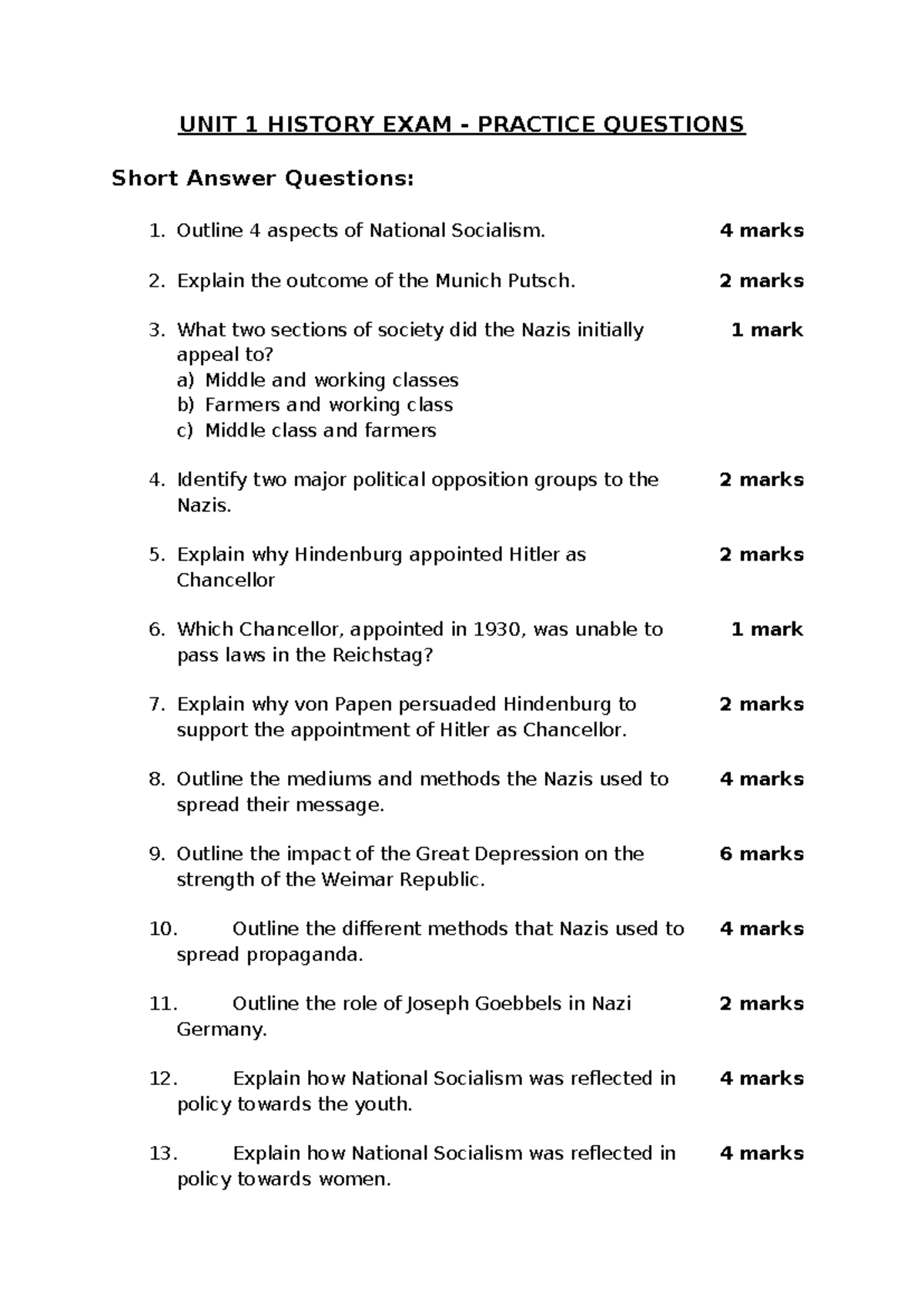 Unit 1 History Exam Revision: Key Questions & Topics Overview - Studocu