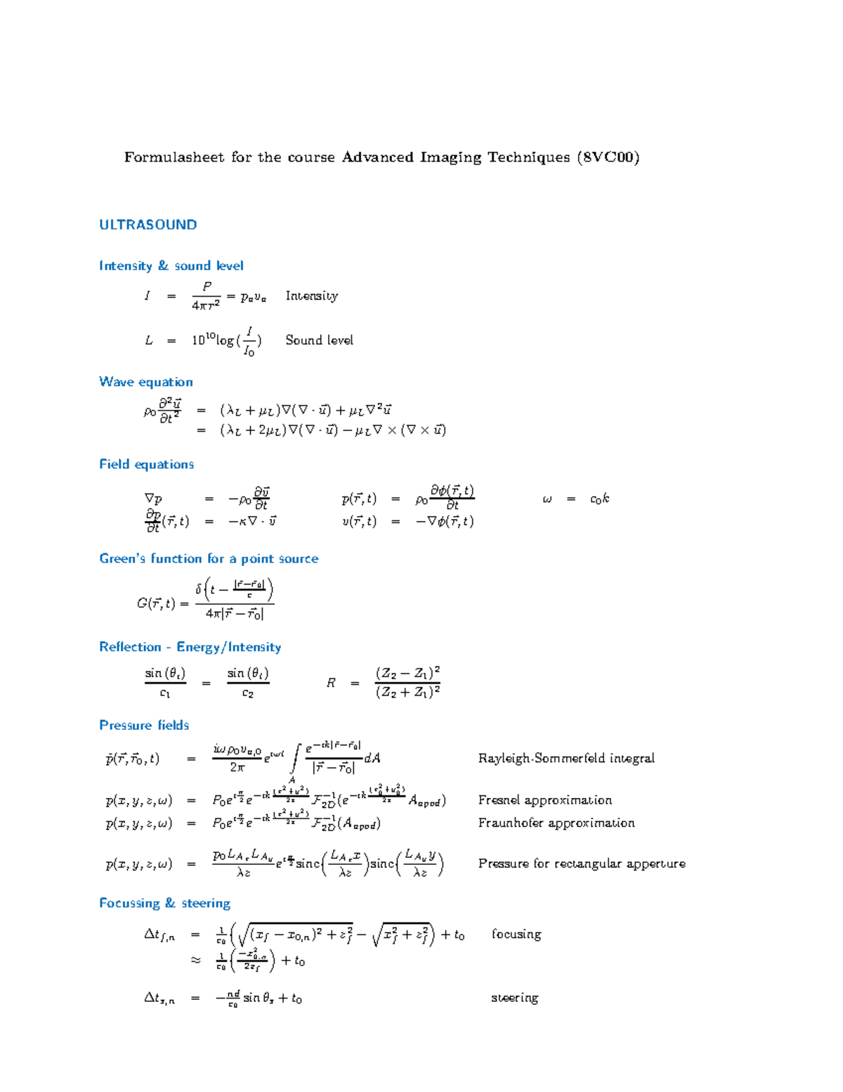 Formulesheet for Advanced Imaging Techniques (8VC00) - Ultrasound ...