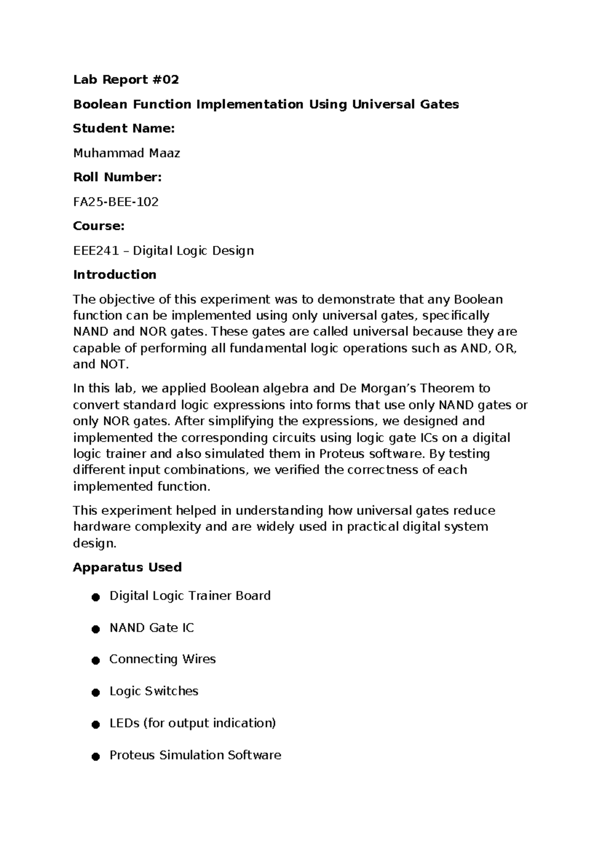 Lab Report: Boolean Function Implementation with Universal Gates (DLD ...