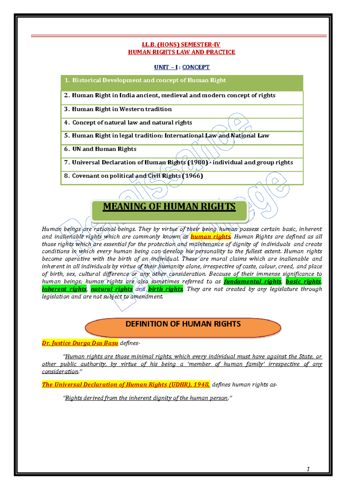 Renaissance Law College LL.B. (HONS) IV SEM Human Rights Notes - Studocu