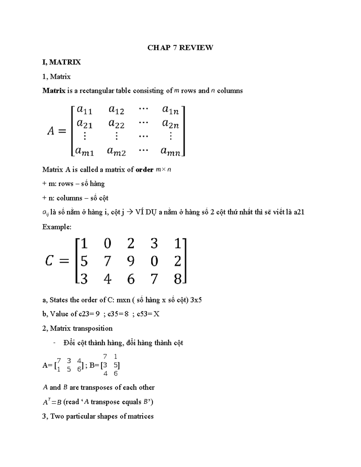 CHAP 7 LECTURE NOTES: MATRIX REVIEW & TRANSPOSITION - Studocu