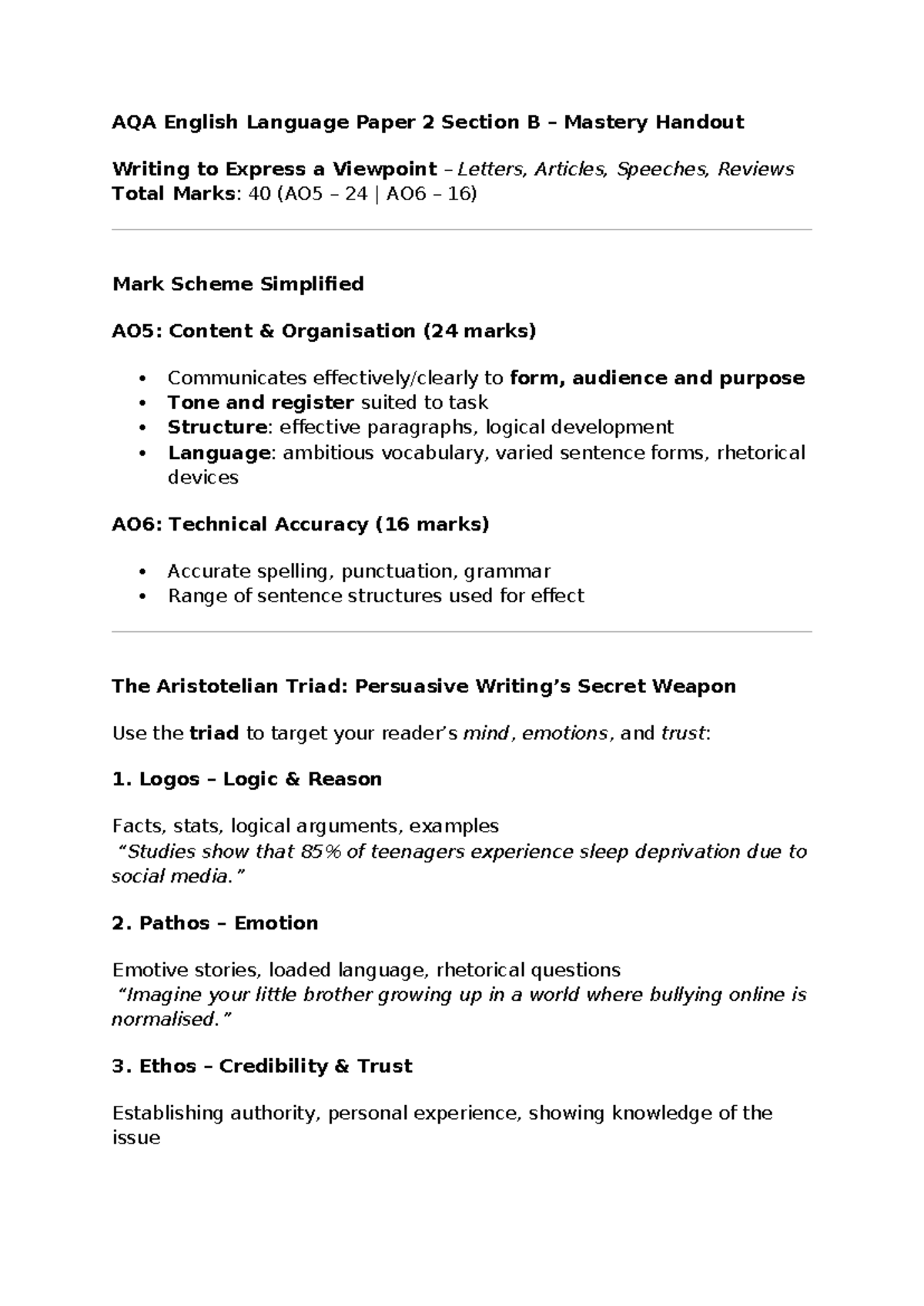 AQA English Language Paper 2 Section B Revision Guide: Writing to ...