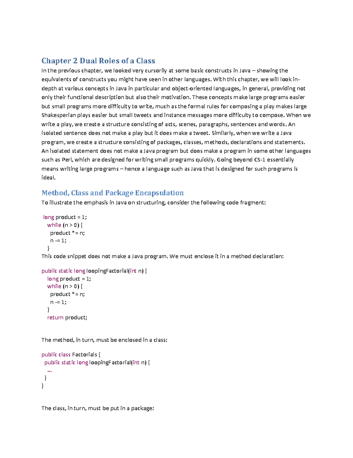 CS-101 Chapter 2: In-Depth Exploration of Java Class Roles and ...
