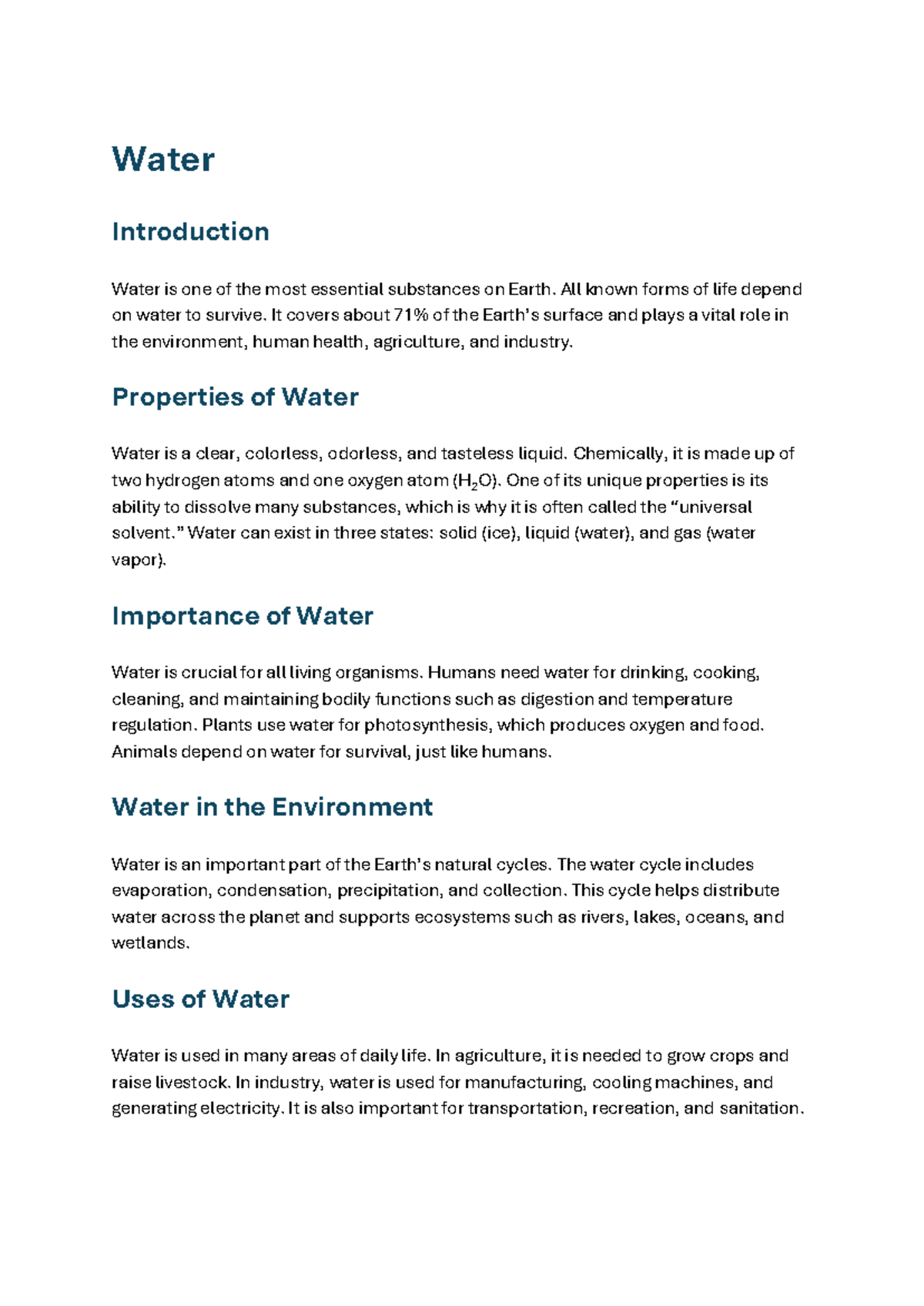 Water: Essential Properties and Importance for Life - Studocu