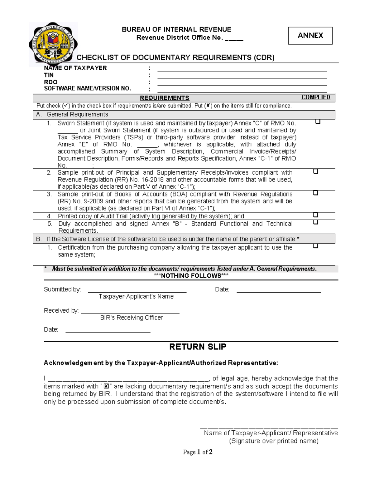 Checklist of Documentary Requirements (CDR) - Annex A - Studocu
