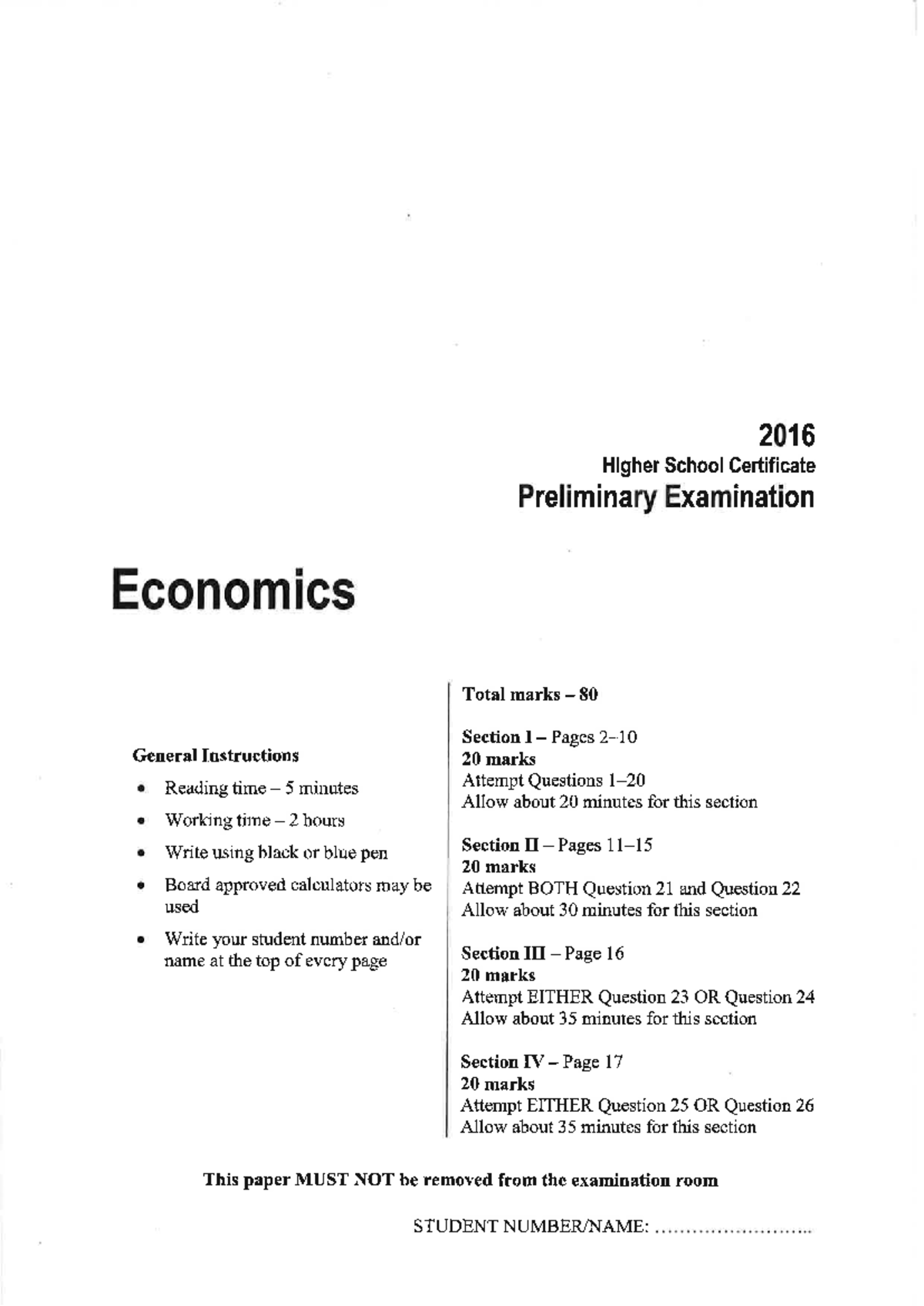 2016 HSC Economics Yr 11 Preliminary Exam: Total Marks 80 Guide - Studocu