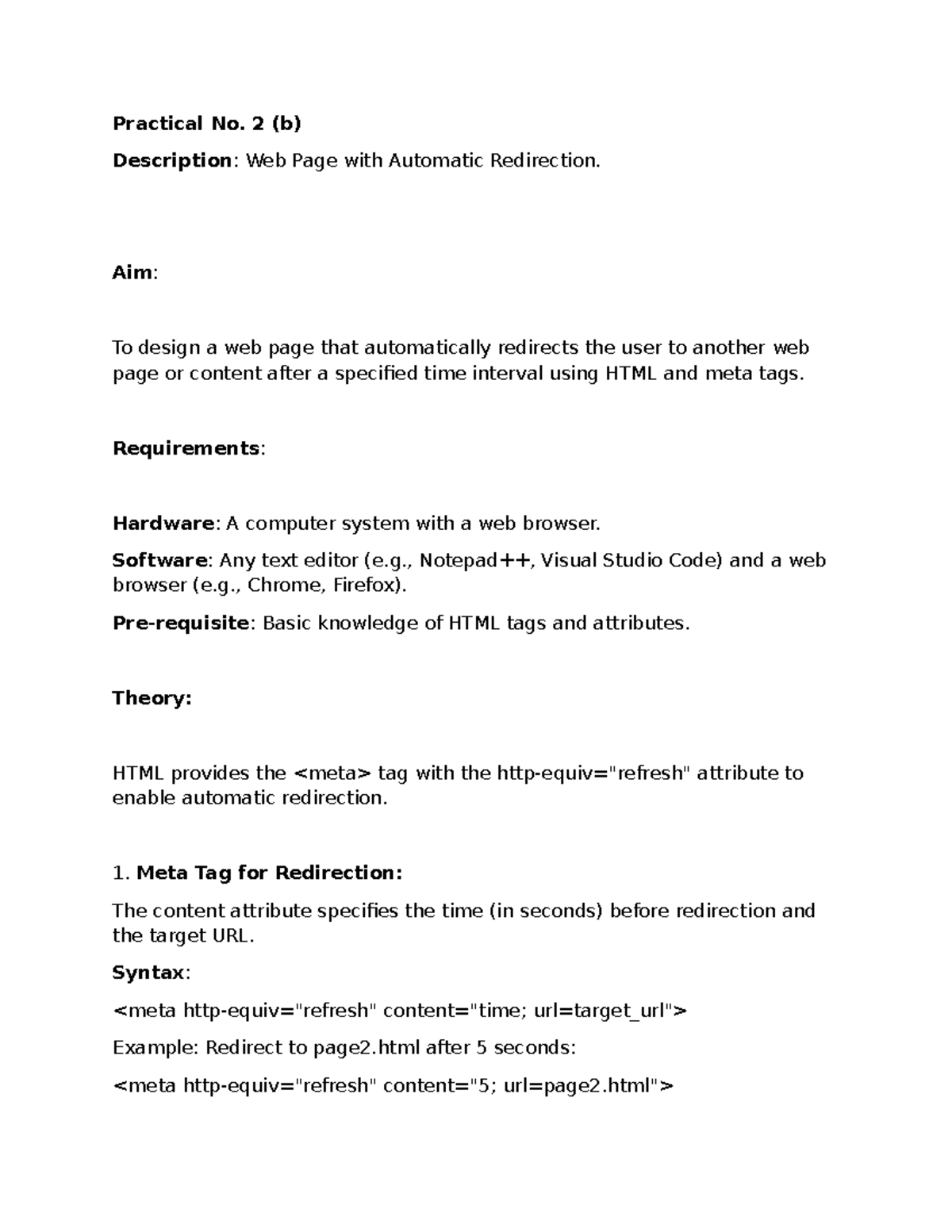 Web design pract 2(b) - Practical No. 2 (b) Description: Web Page with ...