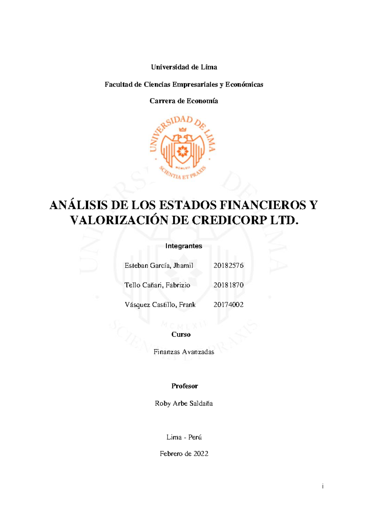 Análisis Financiero y Valorización de Credicorp Ltd. - Finanzas Avanzadas - Document Preview