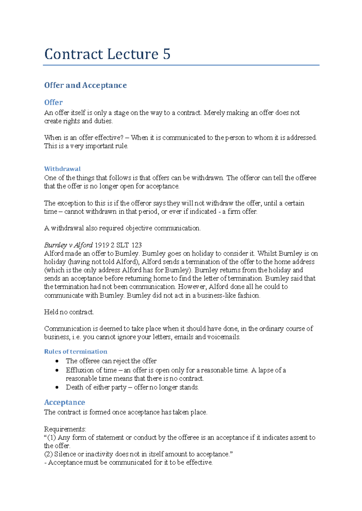 Contract Law: Postal Acceptance Rule Lecture Notes (CL101) - Studocu