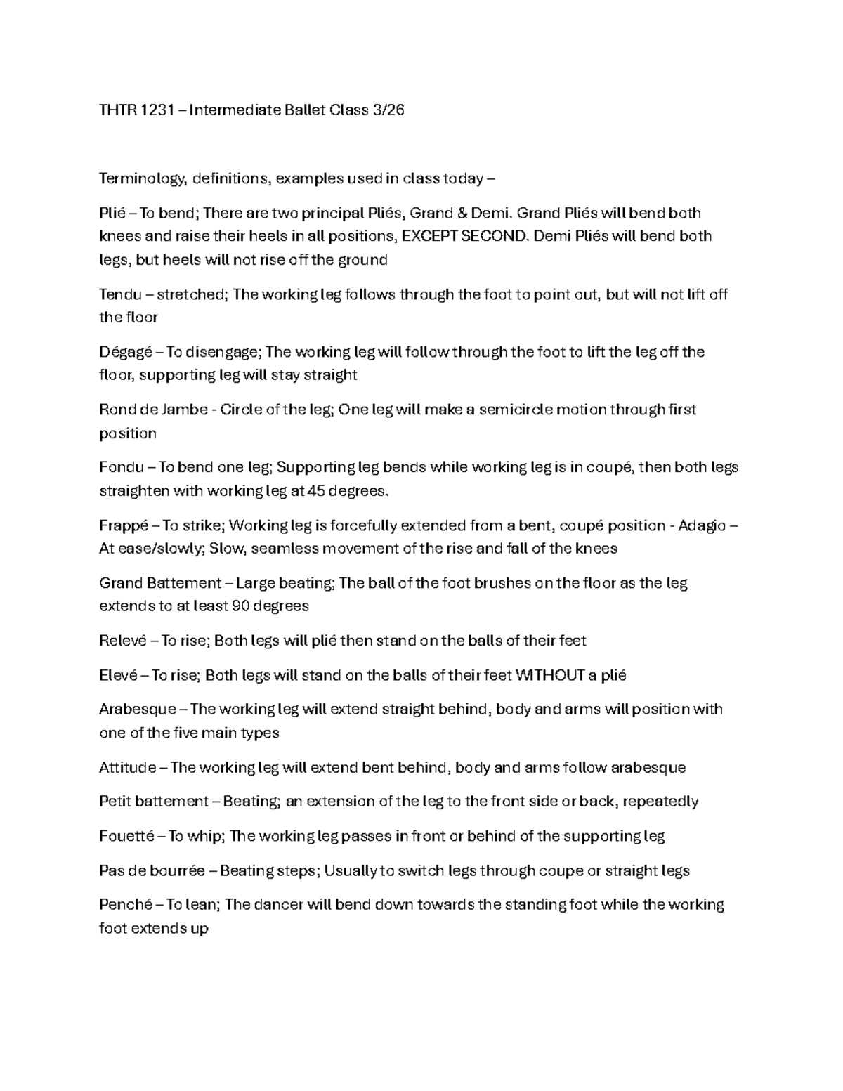 THTR 1231 Intermediate ballet class terminology and definitions - Studocu