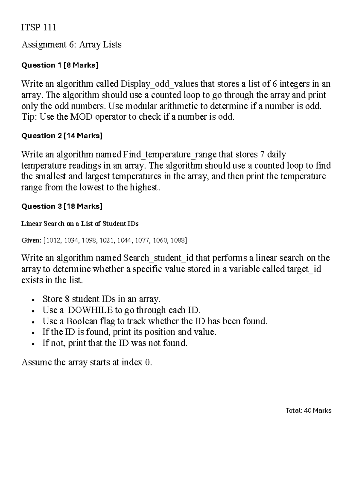 ITSP 111 Assignment 6: Algorithms for Array Lists and Searches - Studocu