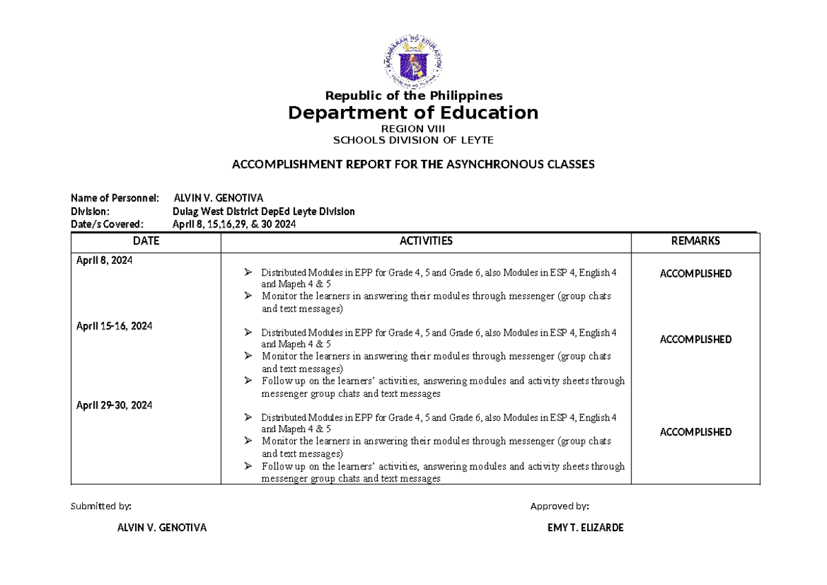 Asynchronous Classes Accomplishment Report for April 2024 - Studocu