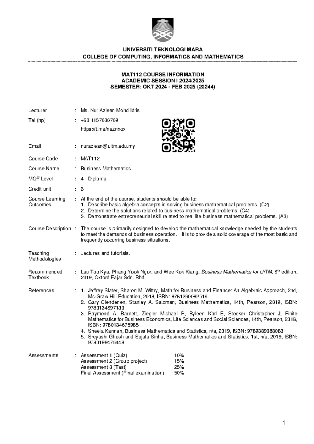 MAT112 Scheme of Work for Business Mathematics (20244) - Studocu