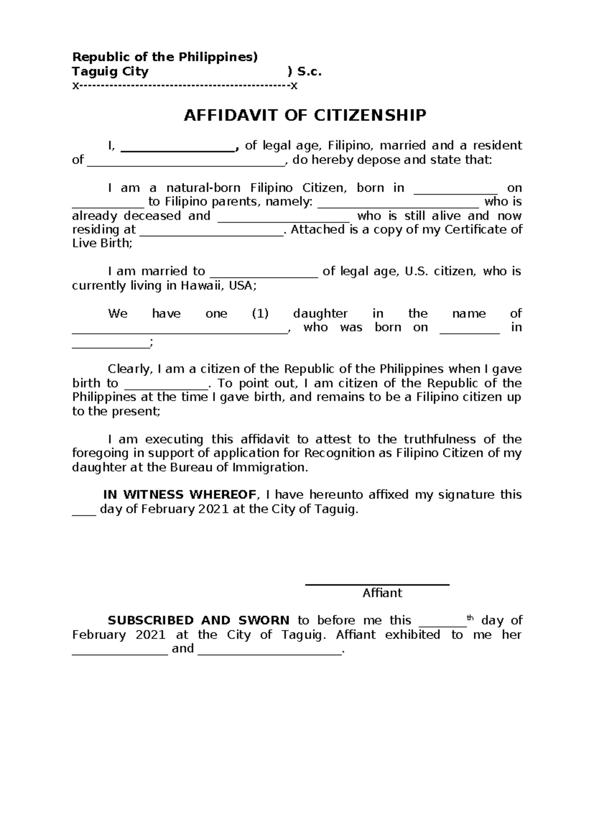 Affidavit of Citizenship for Bureau of Immigration Recognition - Studocu