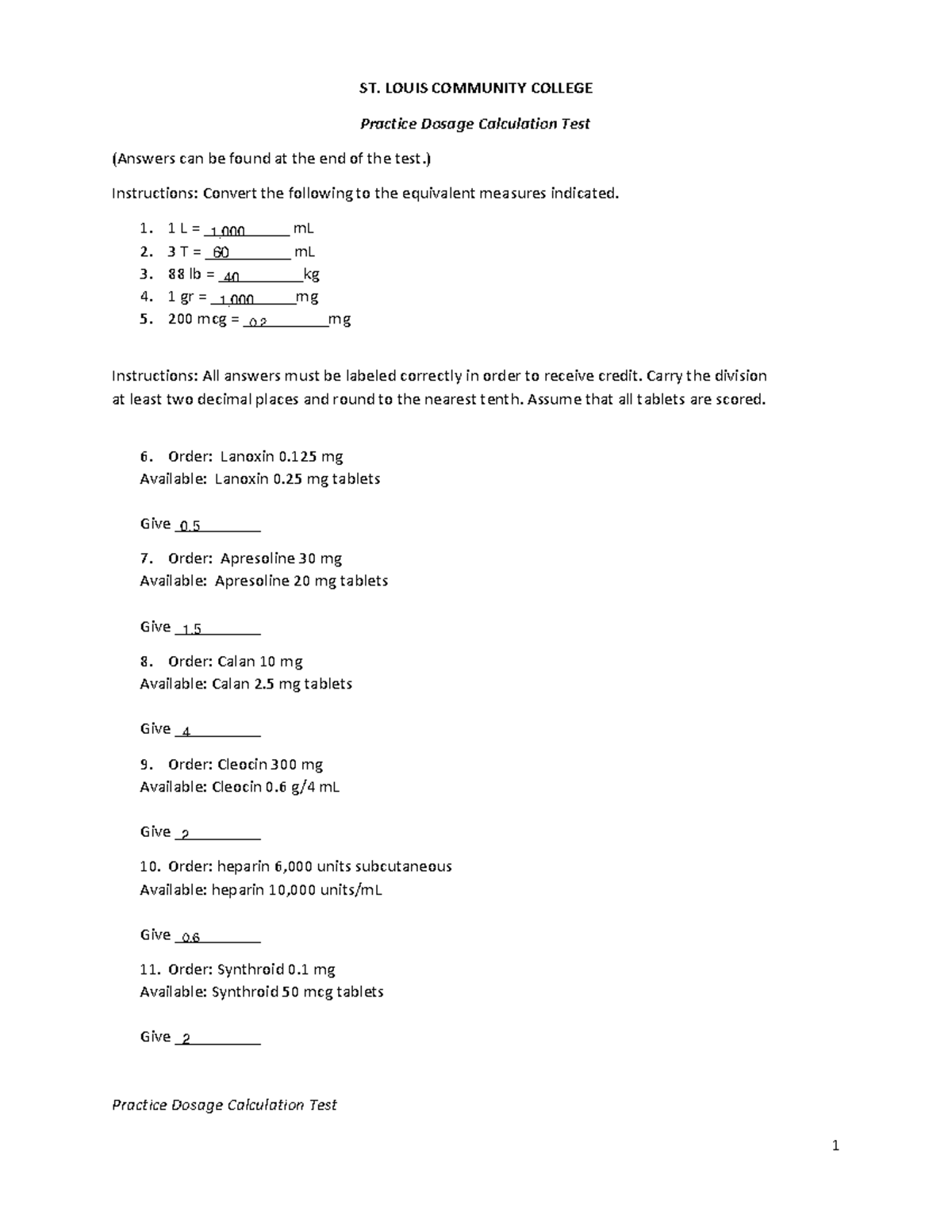 Practice Dosage Calculation Test for Nursing Fundamentals (NUR 101 ...