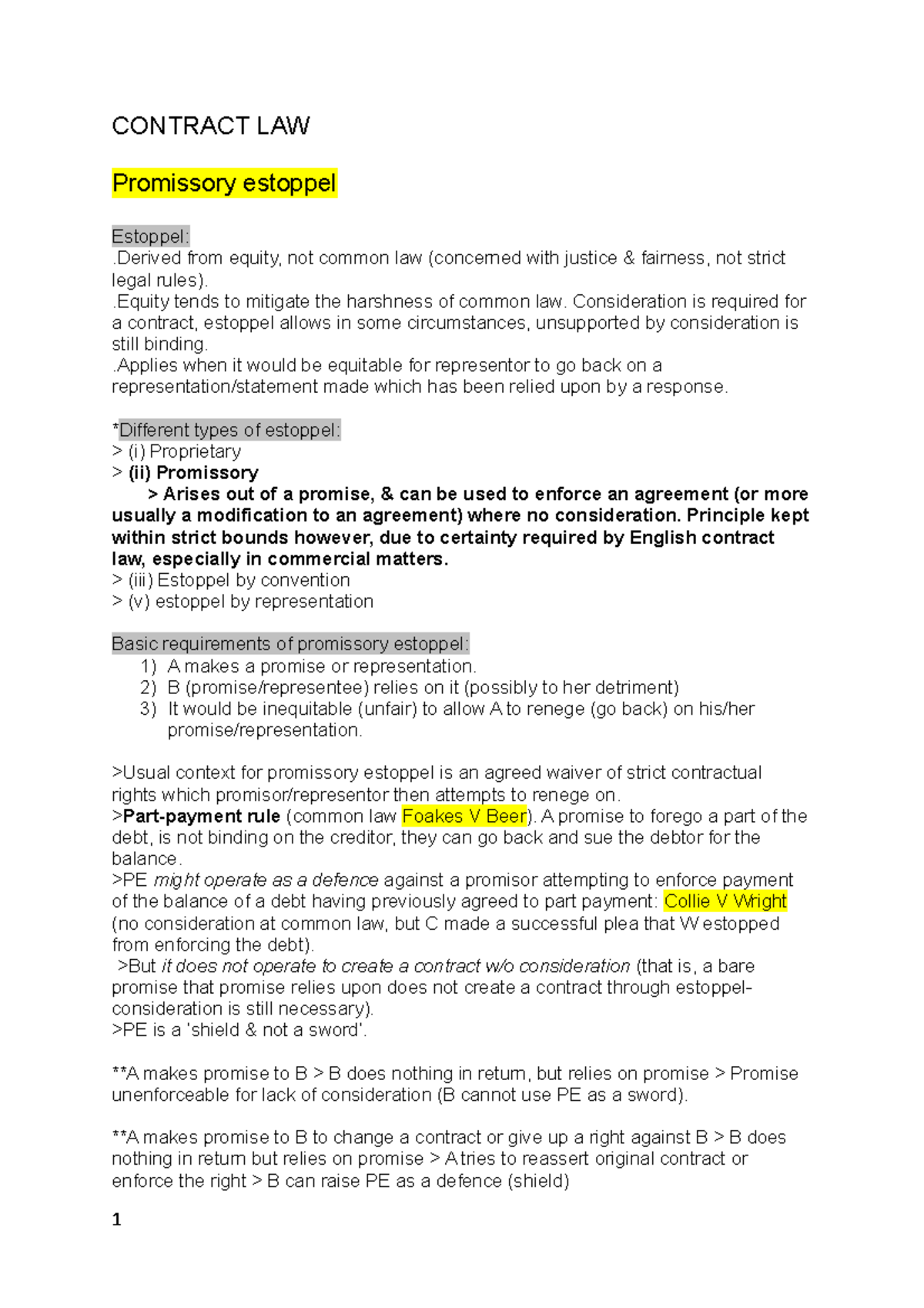 Contract LAW - CONTRACT LAW Promissory estoppel Estoppel: .Derived from ...