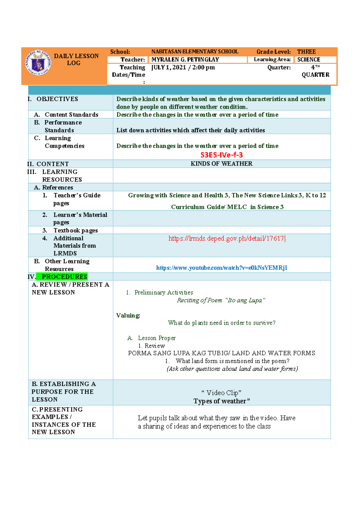 DAILY LESSON LOG: SCIENCE 3 - Kinds of Weather (4th Quarter) - Studocu