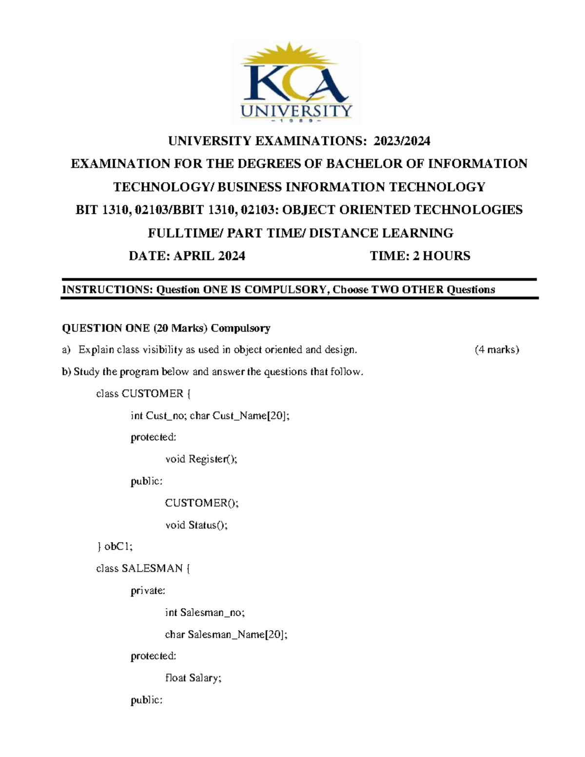 Object Oriented Technologies exam 1 - UNIVERSITY EXAMINATIONS: 202 3 / ...