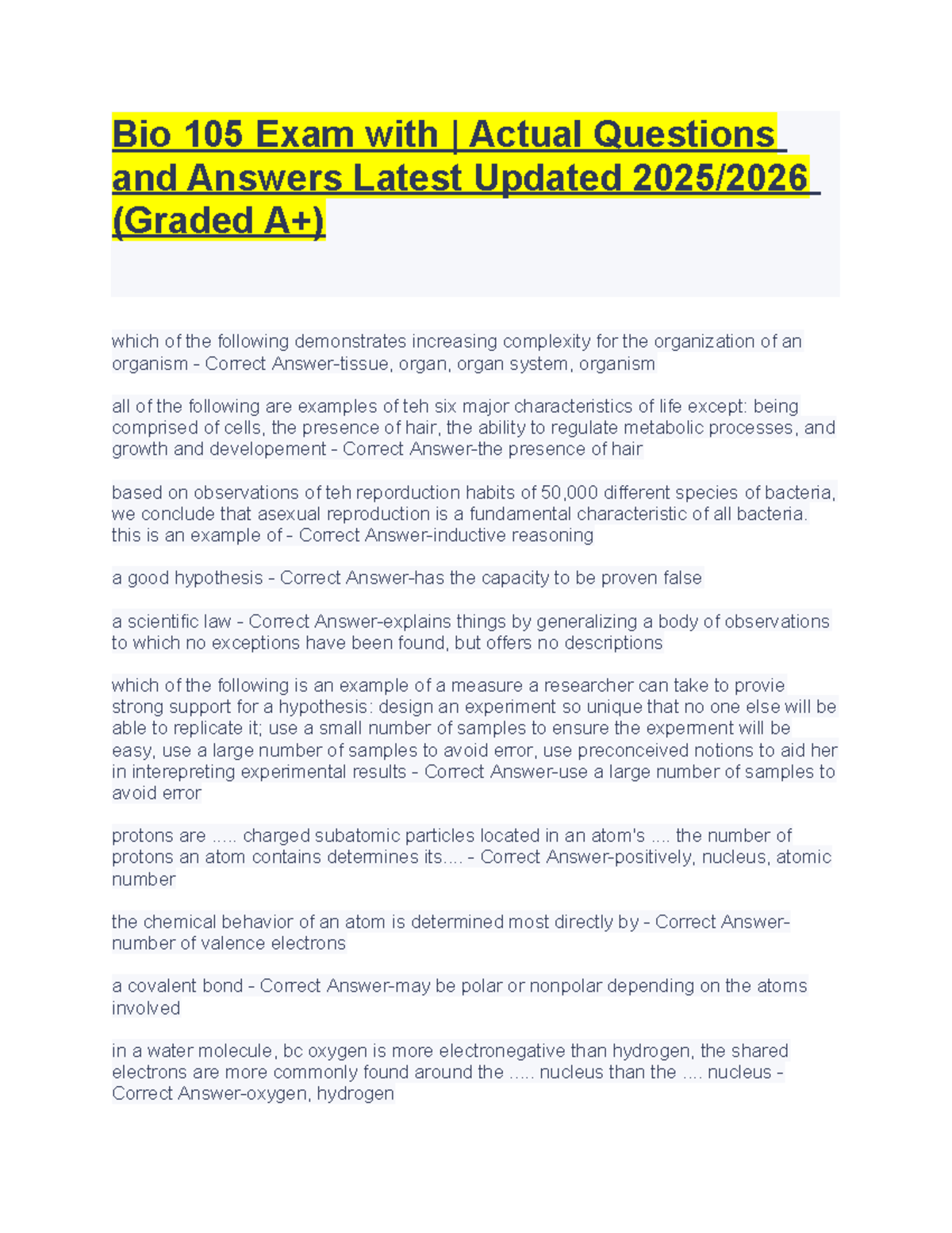 Bio 105 Final Exam Study Guide with Key Questions & Answers - Studocu