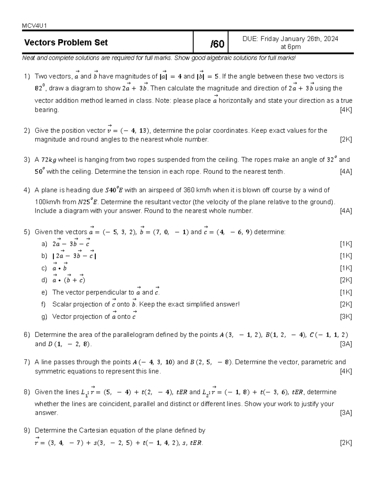 MCV4U1 Vectors Problem Set - Solutions and Diagrams Required - Studocu