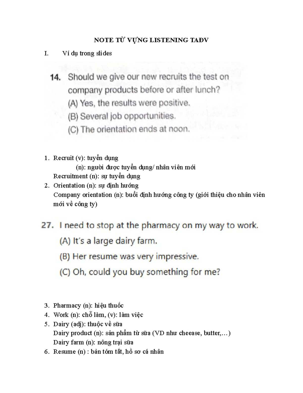NOTE TỪ VỰNG NGHE TAĐV I: Từ Vựng và Ví Dụ - Studocu