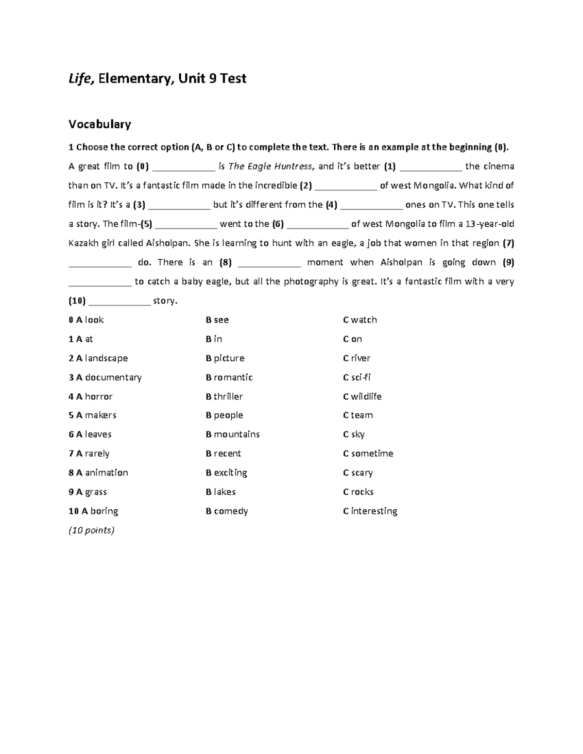 Life 2e Elementary Unit 9 Test: Vocabulary and Grammar Exercises - Studocu