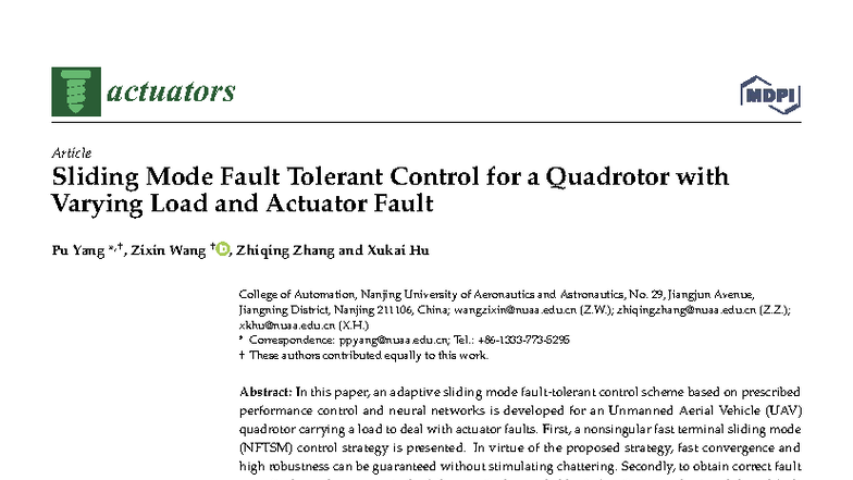 Sliding Mode Fault Tolerant Control for Quadrotor UAVs (ACTUATORS 2021 ...