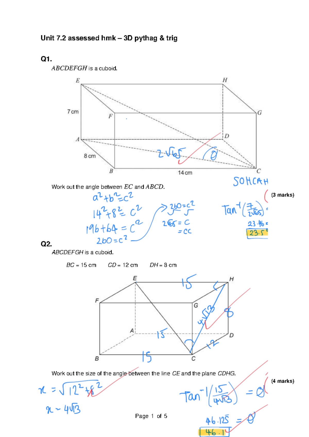 Unit 7.2 3D Trigonometry Homework Questions - Studocu