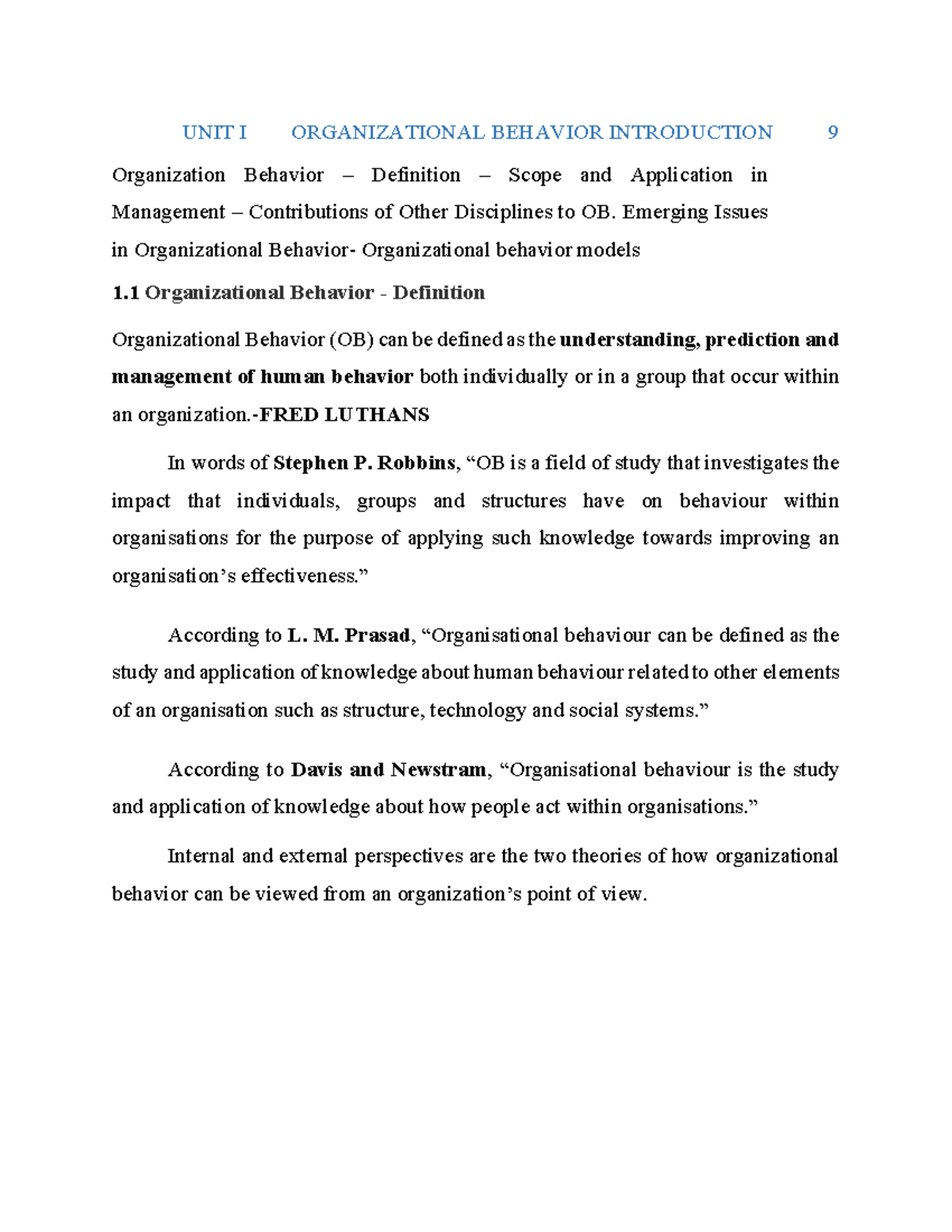 UNIT 1 - ORGANIZATIONAL BEHAVIOR STUDY NOTES - Studocu