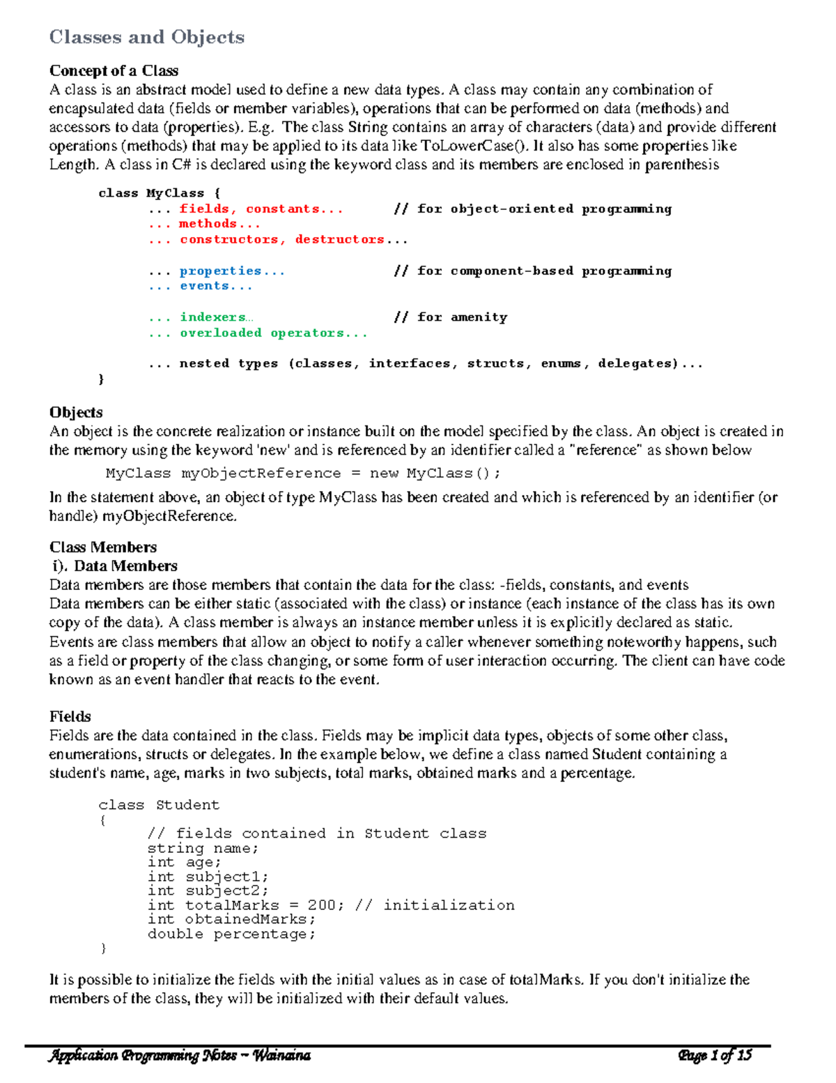 C# 4 - Classes and Objects: Concepts, Members, and Usage - Studocu