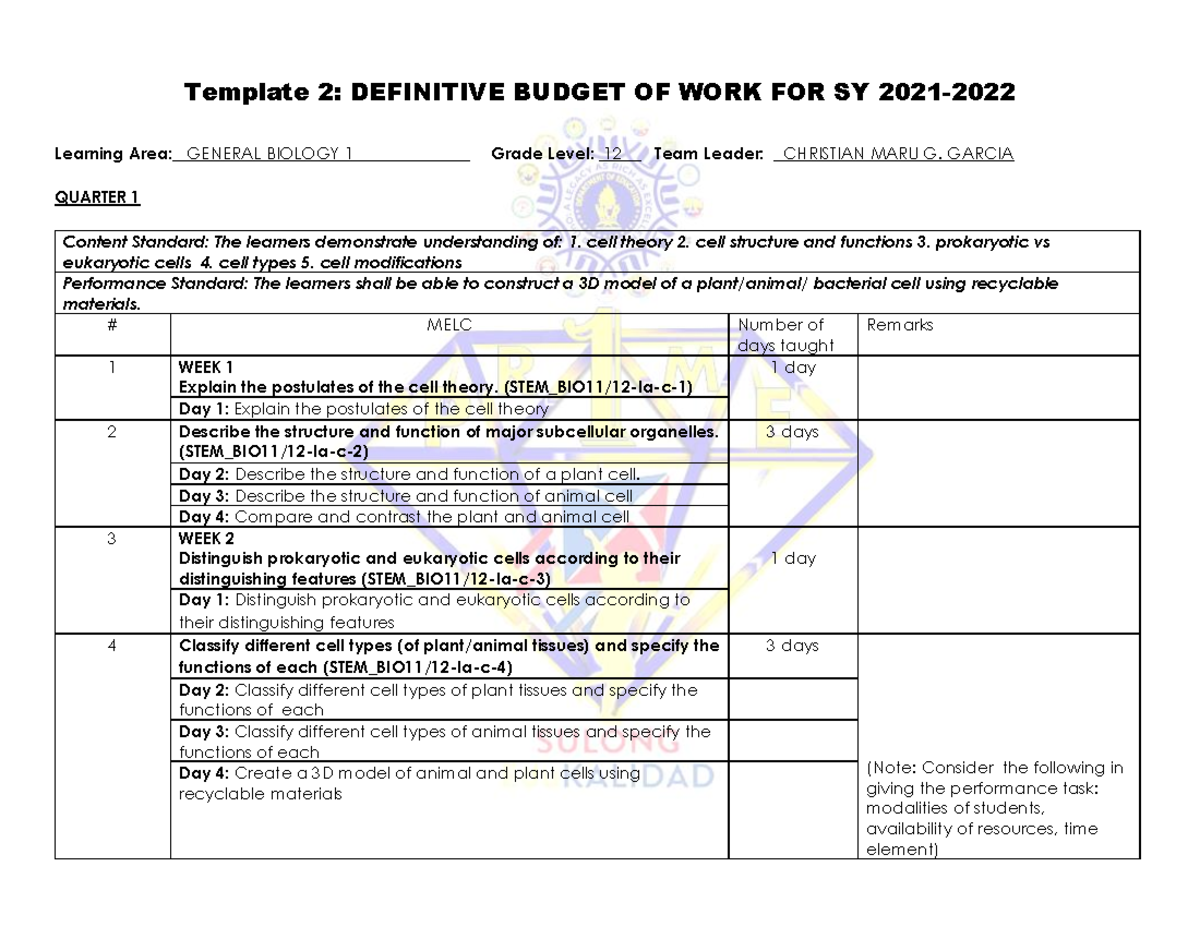 DBOW SY 2021 Definitive Work Budget for General Biology 1 - Studocu
