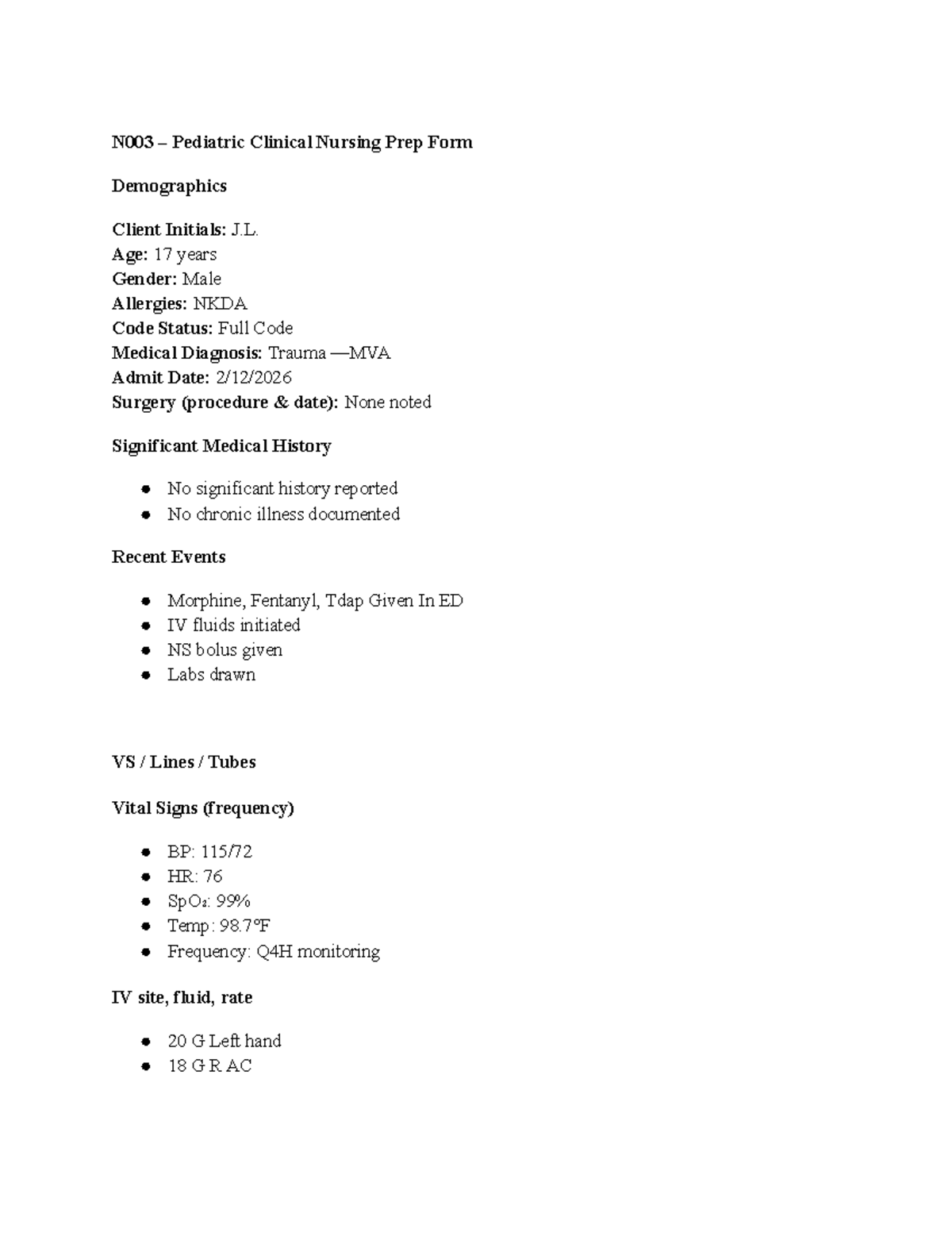 N003 Pediatric Clinical Nursing Prep Form: Trauma Patient Assessment ...