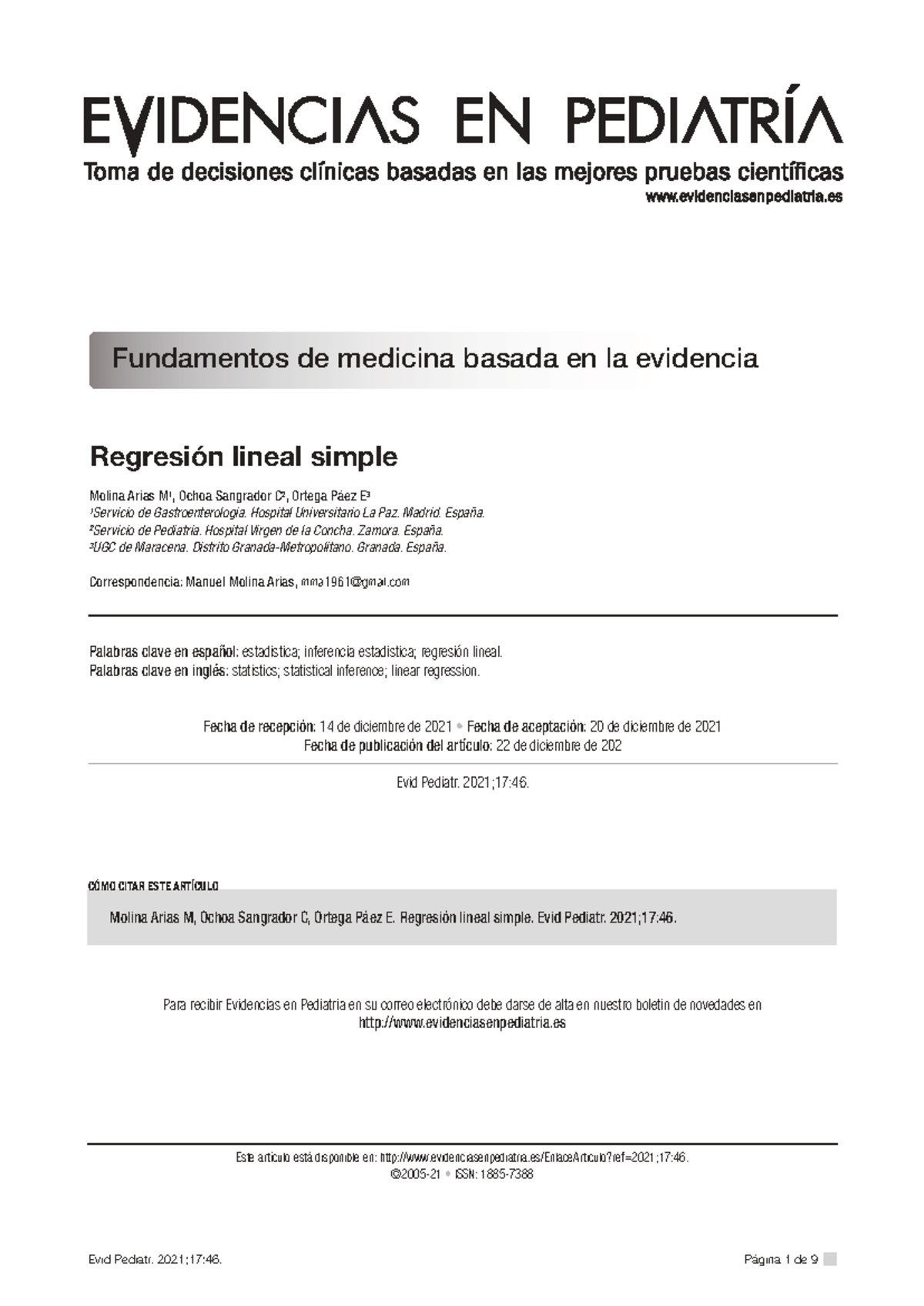 Fundamentos de Medicina Basada en la Evidencia: Regresión Lineal Simple ...