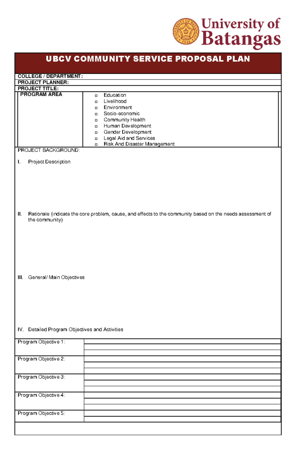 UBCV Community Service Proposal Plan: Project Overview & Objectives ...
