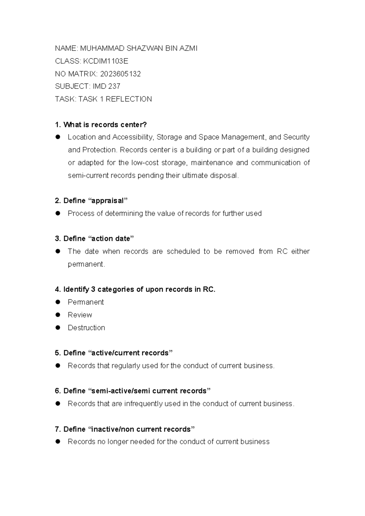 IMD 237 Task 1 Reflection on Records Management Concepts - Studocu