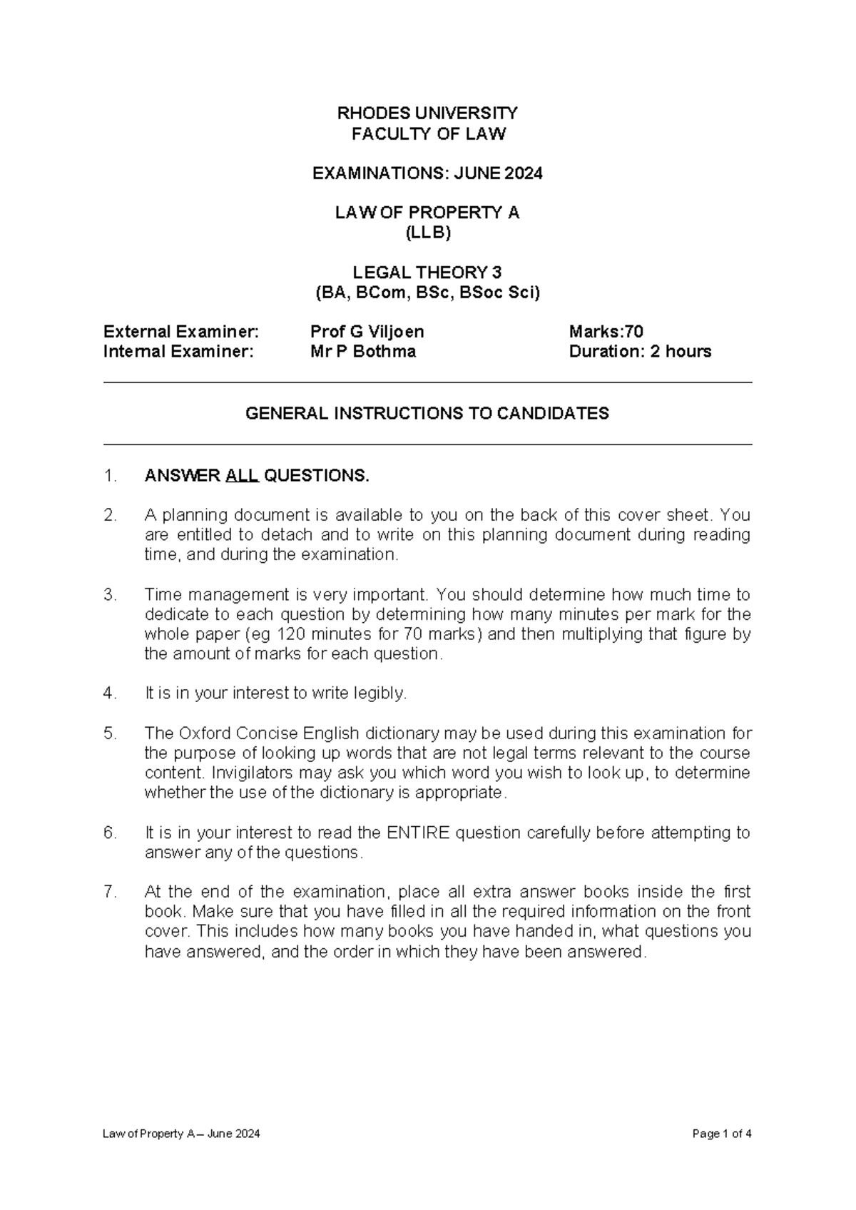 Law of Property A (LLB) June 2024 Final Exam Guidelines - Studocu