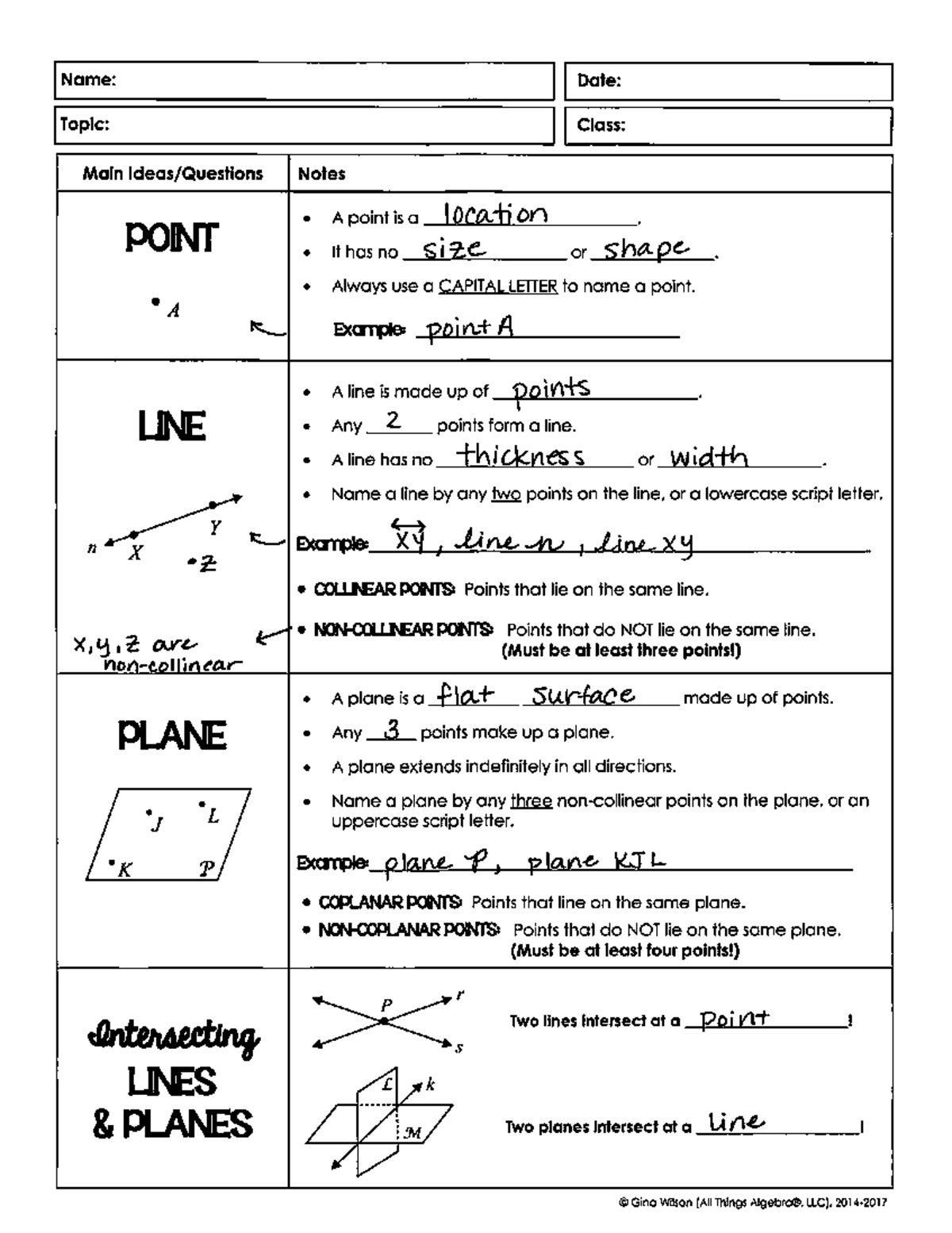 Math 101: Unit 1 Day 1 Notes on Points, Lines, and Planes - Studocu