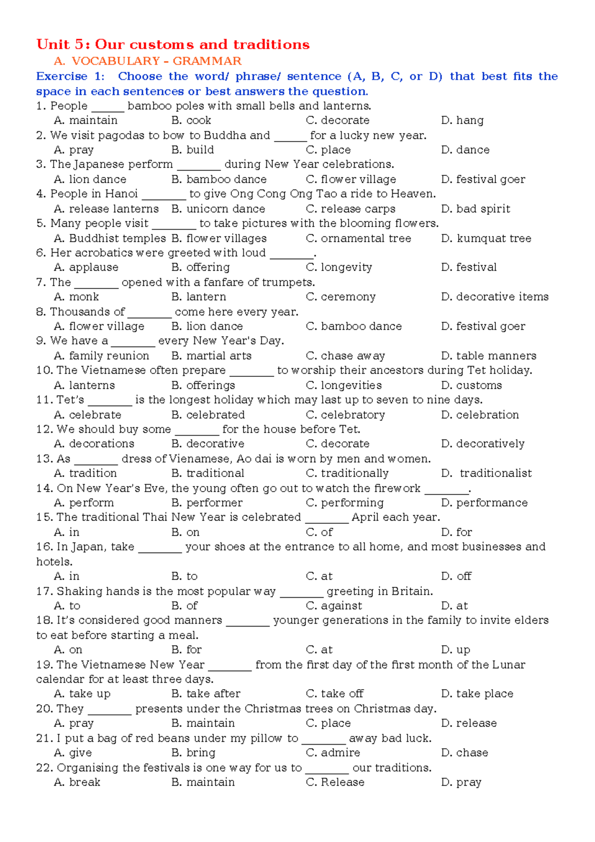 Unit 5: Our Customs and Traditions - Vocabulary & Grammar Exercises ...