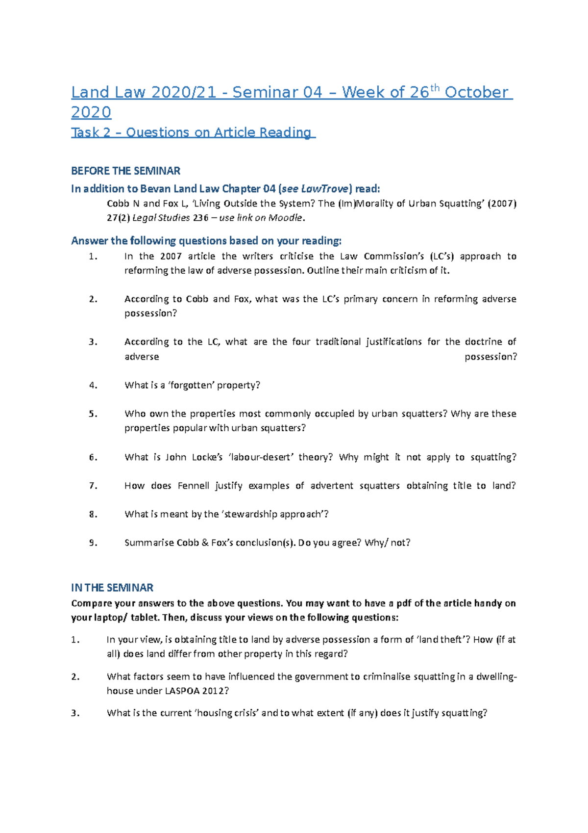 Land Law 2020/21: Adverse Possession Seminar Q&A Overview - Studocu